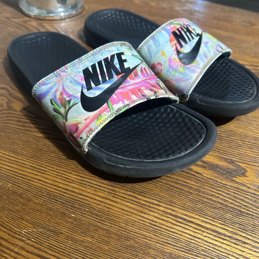 Nike Women’s Floral Slide Sandals - Black and Multicolor